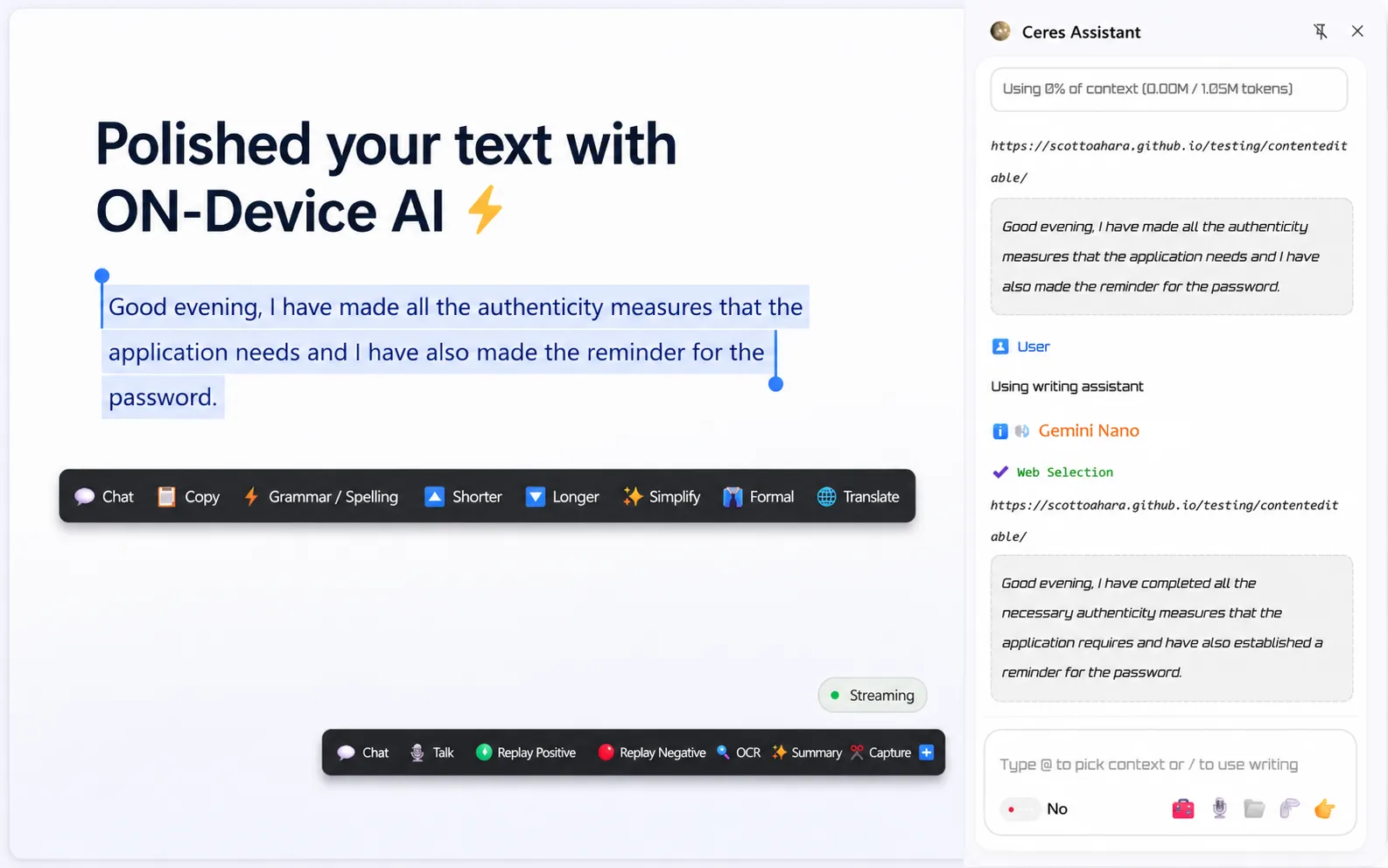 On-device AI writing actions with Gemini Nano