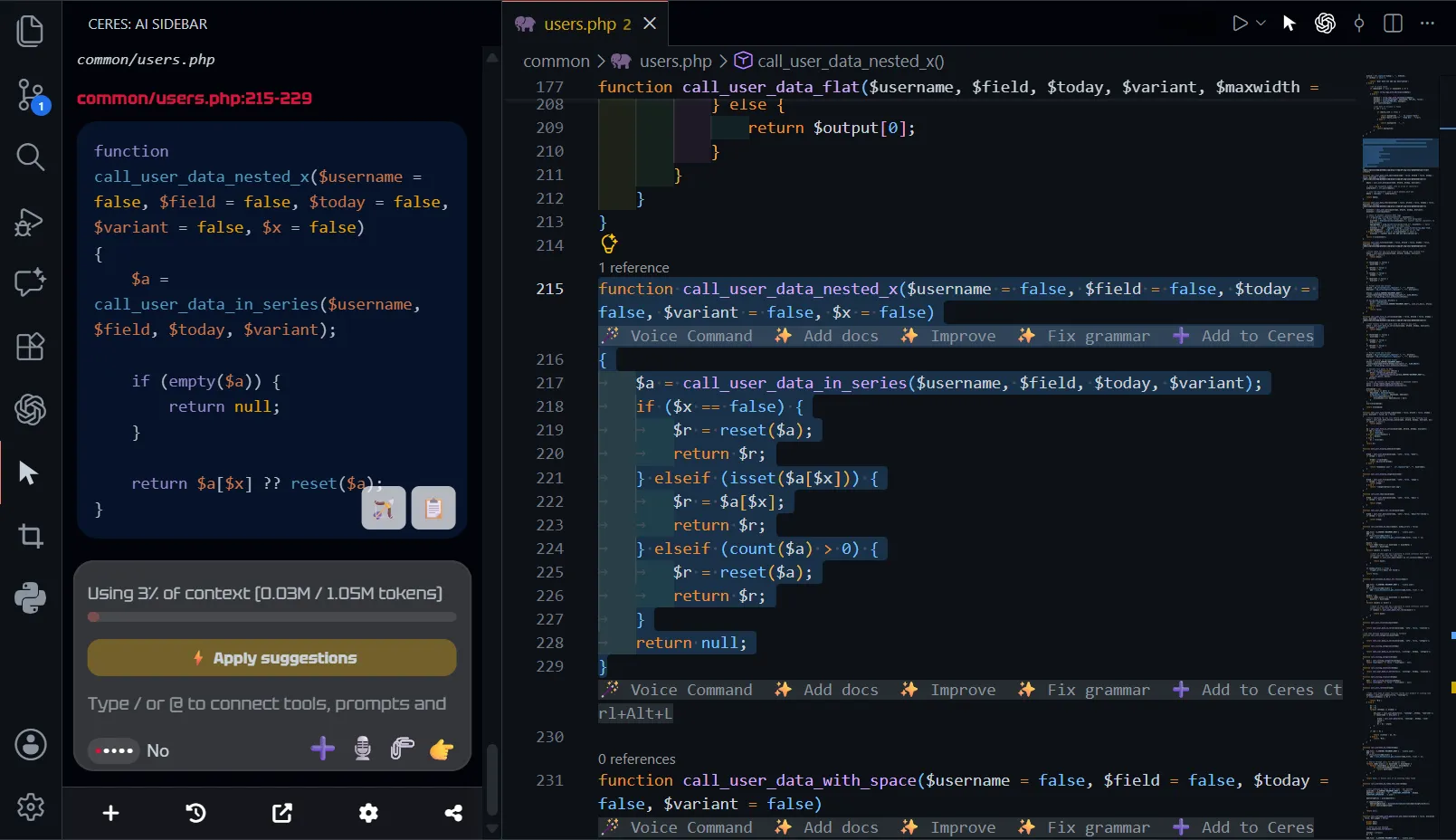 Ceres IDE sidebar using DeepSeek beside a PHP file