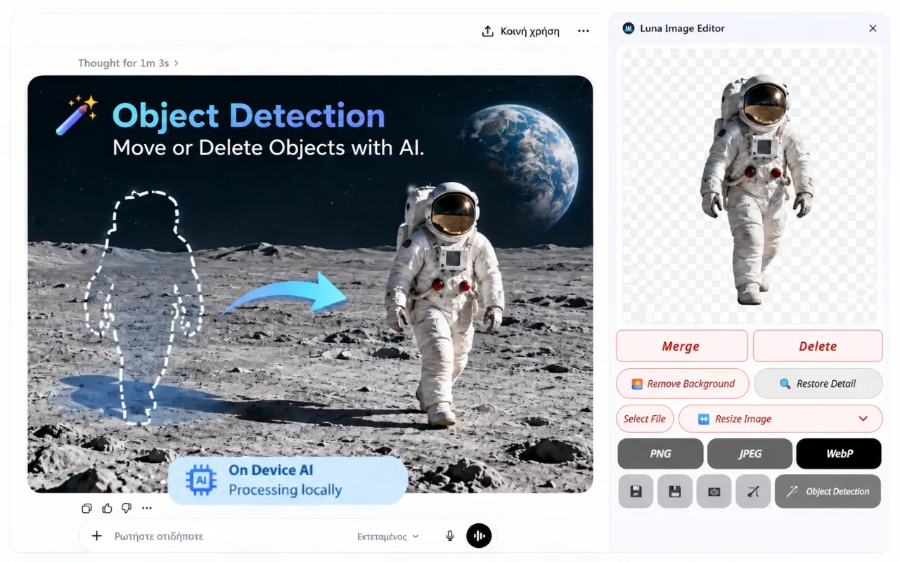 Luna local AI image editor with background removal and crop