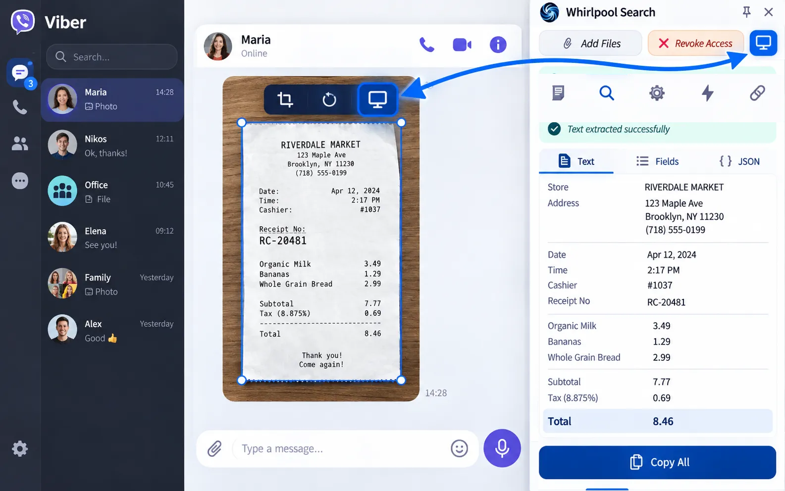 Extract text from images or videos: a receipt with a magnifying glass beside the selected code, Copied feedback and floating controls