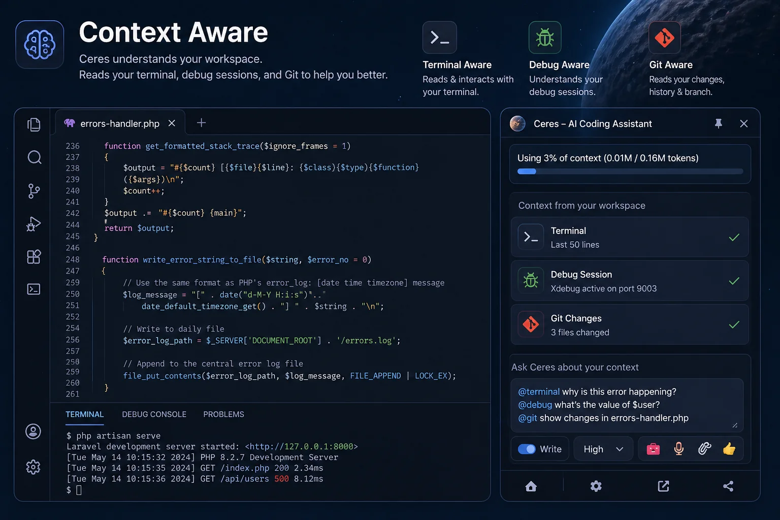 Context Aware AI Assistant for VS Code with debug overview and terminal integration