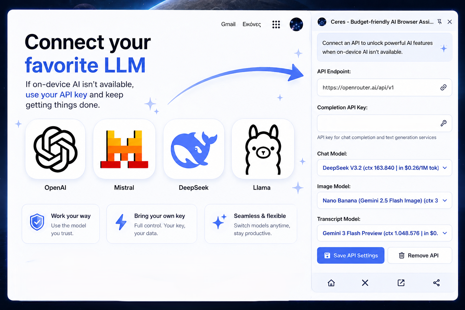 browser ai assistant with custom model selection