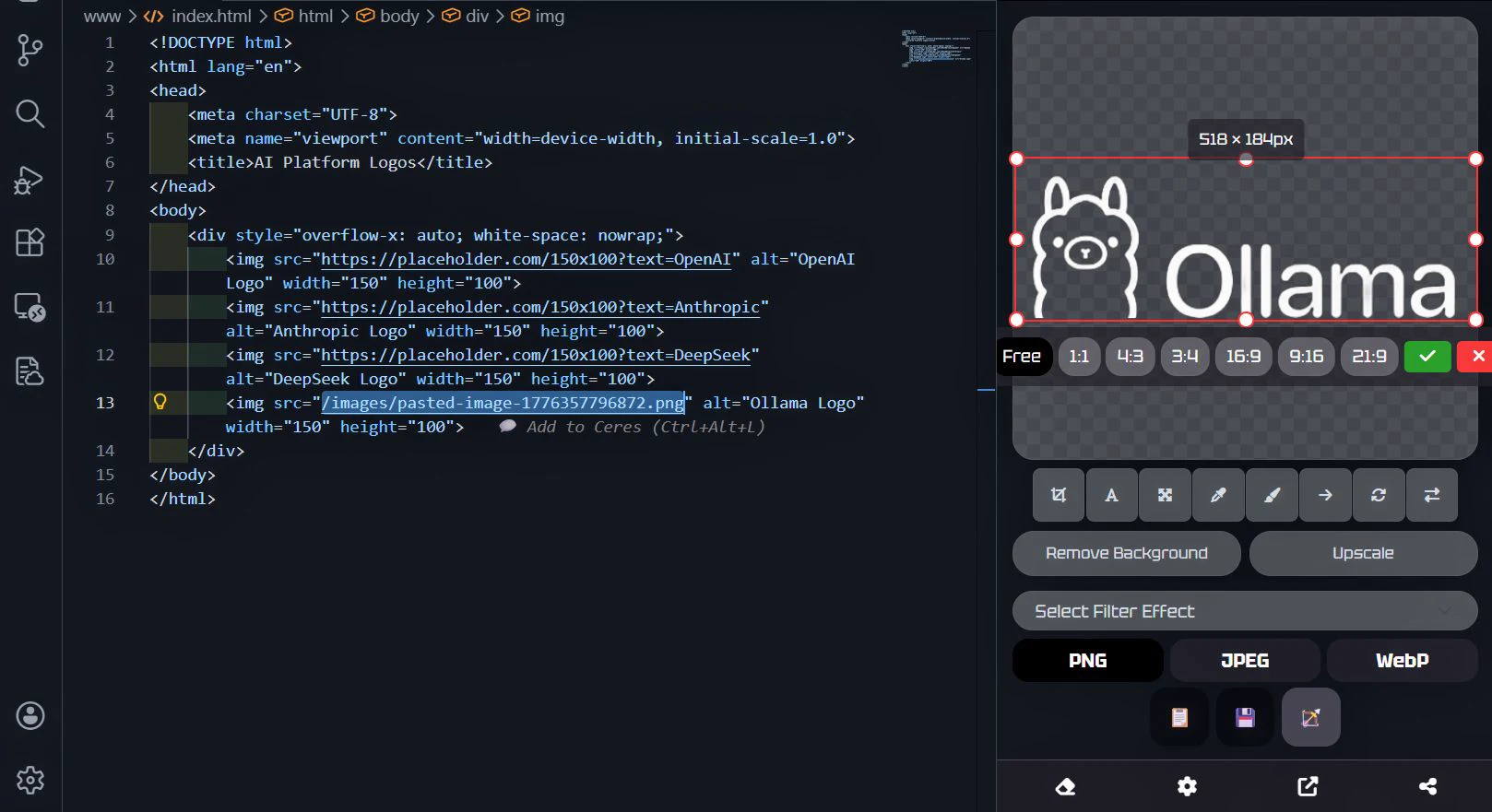 Luna Crop inside VS Code