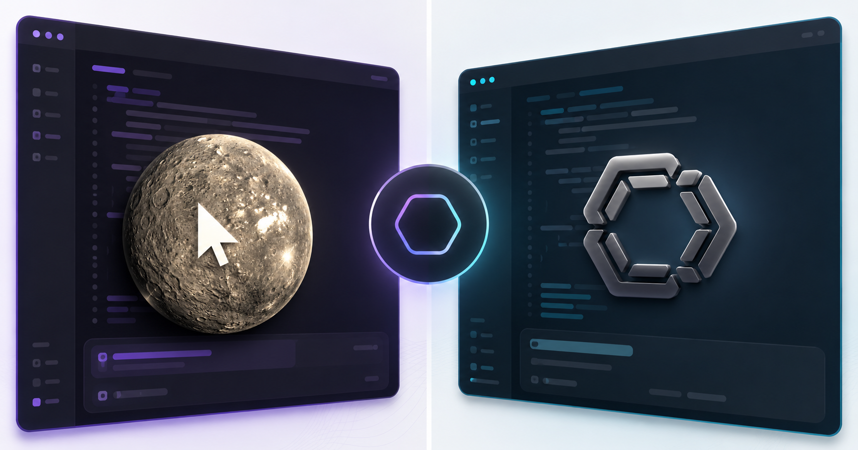 Illustration comparing Ceres and Continue alongside two code editors